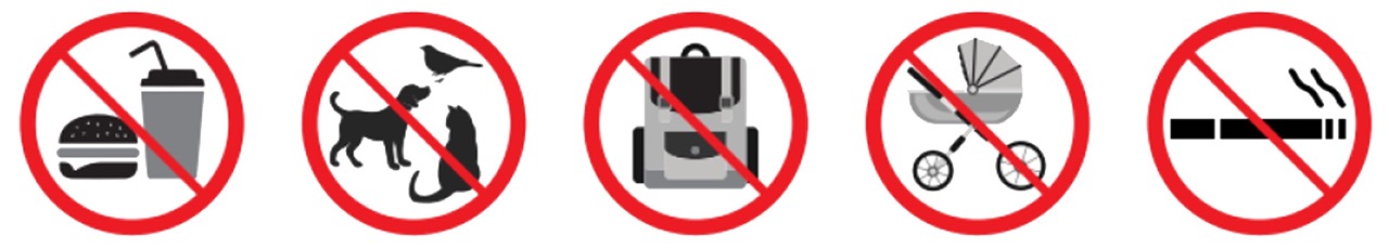 Visitor rules: no food or drink, no animals, no large bags, no strollers, no smoking